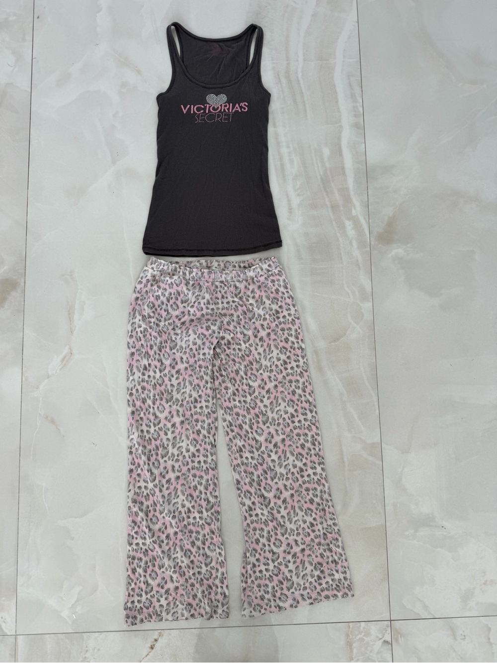 Victoria's Secret Pajama Set Tank with Embellished Heart & Leopard Print Pants